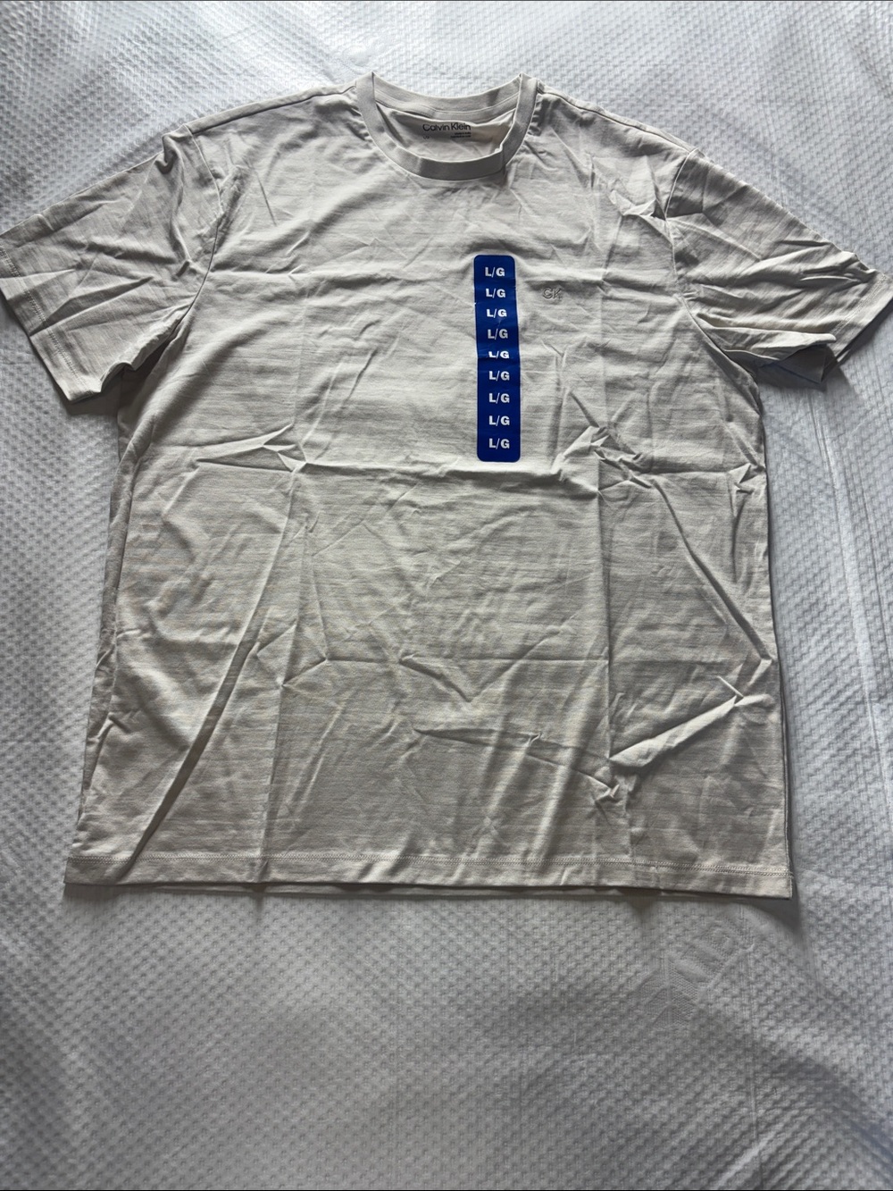 Calvin Klein White Short-Sleeve Tee with Vertical Blue Logo Strip